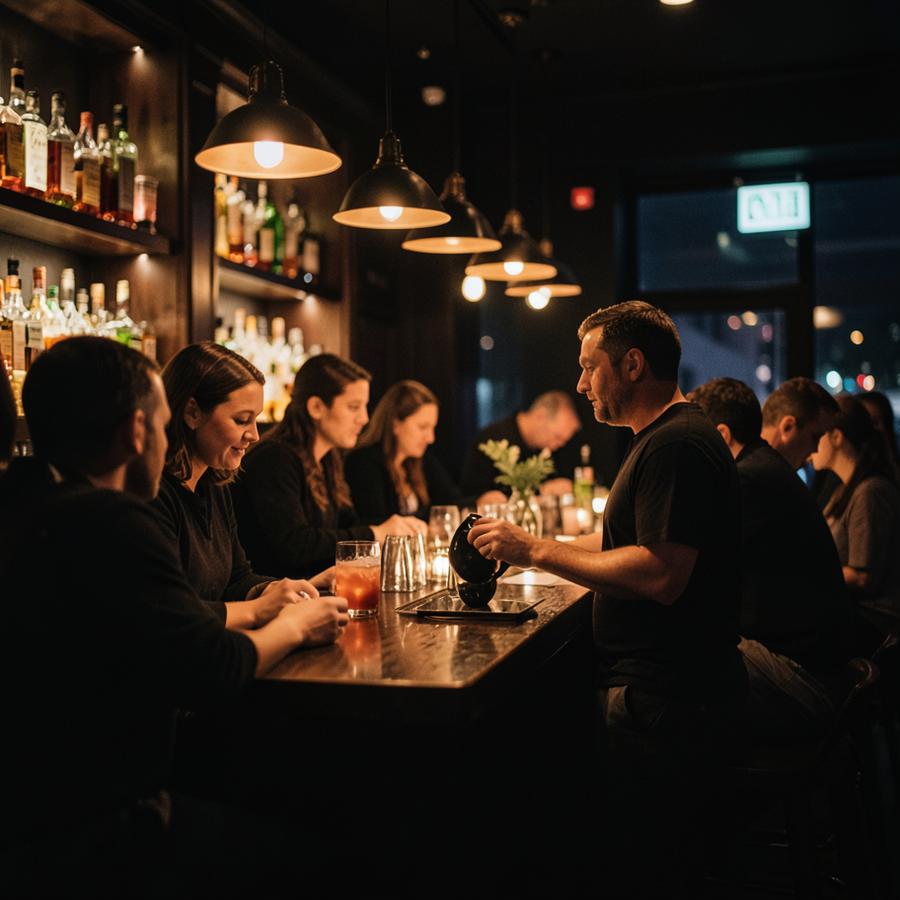 Guests sitting at a dimly lit bar while a bartender works