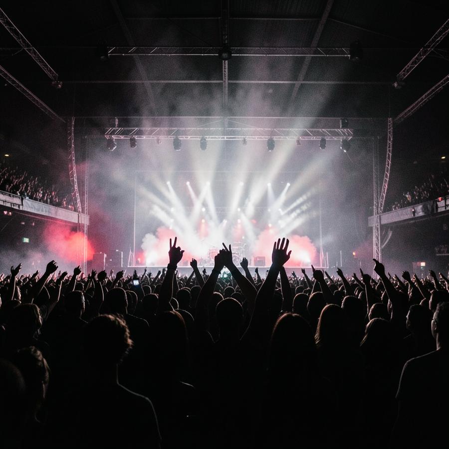 A concert crowd with hands raised in front of a lit stage