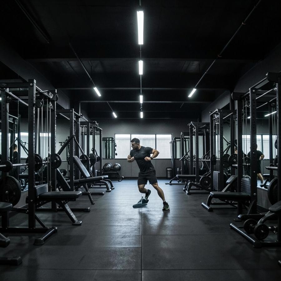 A dark modern gym floor with weight racks and one person training
